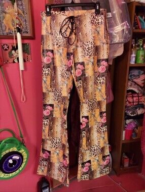 Animal + floral print corset front patchwork bellbottoms